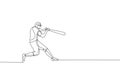 One continuous line drawing of young sporty man baseball player practice to hit the ball. Competitive sport concept. Dynamic Royalty Free Stock Photo