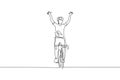 One continuous line drawing of young sporty man bicycle racer cross finish line and raise up his hands. Road cyclist concept.