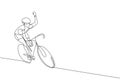 One continuous line drawing of young sporty man bicycle racer wave hand to supporters. Road cyclist concept. Dynamic single line Royalty Free Stock Photo