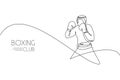 One continuous line drawing of young sporty man boxer practice his fight stance. Competitive combat sport concept. Dynamic single