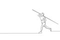 One continuous line drawing of young sporty man exercise to concentrate before throw javelin on the field. Athletic games. Olympic