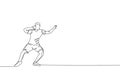 One continuous line drawing young sporty man exercising a stance before throw shot put on the field. Athletic games. Olympic sport