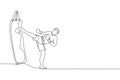 One continuous line drawing of young sporty man kickboxer athlete training with kick punching bag at gym center. Combative