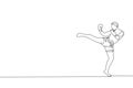 One continuous line drawing of young sporty man kickboxer athlete training powerful kick at gym center. Combative kickboxing sport