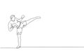 One continuous line drawing of young sporty man kickboxer athlete training powerful kick stance at gym center. Combative