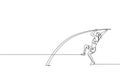 One continuous line drawing of young sporty man practicing to stance pole vault jump at field. Healthy athletic sport concept.