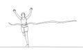 One continuous line drawing of young sporty man runner crosses the finish line. Health activity sport concept. Dynamic single line Royalty Free Stock Photo