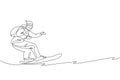 One continuous line drawing of young sporty man snowboarder riding snowboard in alps snowy powder mountain. Winter lifestyle sport