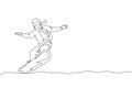 One continuous line drawing of young sporty man snowboarder riding snowboard in alps snowy powder mountain. Winter lifestyle sport