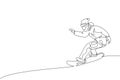 One continuous line drawing of young sporty man snowboarder riding snowboard in alps snowy powder mountain. Winter lifestyle sport