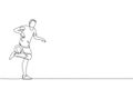 One continuous line drawing of young sporty man soccer freestyler player practice hold the ball with calf in the street. Football