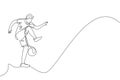 One continuous line drawing young sporty man soccer freestyler player practice juggle ball in the street. Football freestyle sport