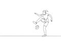 One continuous line drawing of young sporty man soccer freestyler player practice juggling the ball in the street. Football