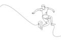 One continuous line drawing of young sporty man soccer freestyler player practice to juggle ball with heel in the street. Football