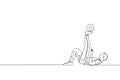 One continuous line drawing of young sporty man soccer freestyler practice hold the ball with toe in the street. Football