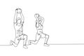 One continuous line drawing of young sporty man and woman working out with weight ball in fitness gym club center. Healthy fitness