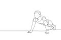One continuous line drawing of young sporty man working out push up in fitness gym club center. Healthy fitness sport concept.