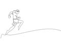One continuous line drawing of young sporty muay thai boxer man practicing knee kick and flying kick at box arena. Fighting sport