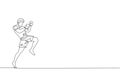 One continuous line drawing of young sporty muay thai boxer man preparing to fight, stance kick at box arena. Fighting sport game