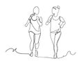 One continuous line drawing of young sporty runner women jogging. Healthy lifestyle and fun jogging sport concept. Dynamic single