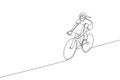 One continuous line drawing of young sporty woman bicycle racer focus train her skill at cycling track. Road cyclist concept.