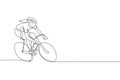 One continuous line drawing young sporty woman bicycle racer pedaling her bike so fast. Road cyclist concept. Dynamic single line