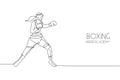 One continuous line drawing of young sporty woman boxer standing ready to attack rival. Competitive combat sport concept. Dynamic