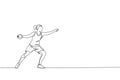 One continuous line drawing of young sporty woman exercise to throw discus powerfully on the field. Athletic games. Olympic sport