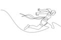 One continuous line drawing young sporty woman runner crosses finish line. Health activity sport concept. Dynamic single line draw