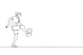 One continuous line drawing of young sporty woman soccer freestyler player practice ball juggling in the street. Football