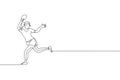 One continuous line drawing of young sporty woman table tennis player active to catch the ball. Competitive sport concept. Single Royalty Free Stock Photo