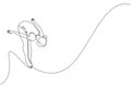 One continuous line drawing of young sporty woman tumbling and somersault after jumping from diving board. Competition event.