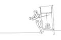 One continuous line drawing of young sporty woman working out with lat pulldown machine in fitness gym club center. Healthy