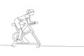 One continuous line drawing of young sporty woman working out static stationary bicycle in fitness gym club center. Healthy