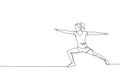 One continuous line drawing of young sporty woman working out stretching pose in fitness gym club center. Healthy fitness sport
