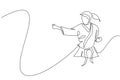 One continuous line drawing of young talented karateka girl train pose for duel fighting at dojo gym center. Mastering martial art Royalty Free Stock Photo