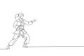 One continuous line drawing of young talented karateka girl train pose for duel fighting at dojo gym center. Mastering martial art