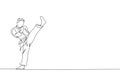 One continuous line drawing of young talented karateka man train pose for duel fighting at dojo gym center. Mastering martial art
