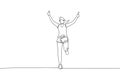 One continuous line drawing of young woman athlete runner reach finish line. Individual sport, competitive concept. Dynamic single