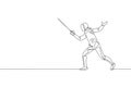 One continuous line drawing of young woman fencing athlete practice fighting on professional sport arena. Fencing costume and Royalty Free Stock Photo