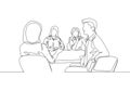 One continuous line drawing of young woman manger announcing company goal target in a business meeting to her staffs