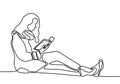 One continuous line drawing of young woman reading a book. Cute girl sitting on the ground and learn with a book. Happy hobby Royalty Free Stock Photo