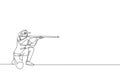 One continuous line drawing of young woman on shooting training ground practice for competition with rifle shotgun. Outdoor