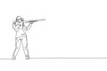 One continuous line drawing of young woman on shooting training ground practice for competition with rifle shotgun. Outdoor