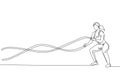 One continuous line drawing young woman training battle rope in fitness training gym. Healthy sport lifestyle concept. Stretching