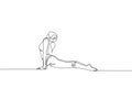 One continuous line drawing young woman training doing back up pose in fitness training gym. Healthy sport lifestyle concept.