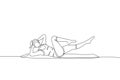 One continuous line drawing of young woman training doing criss cross pilates in fitness training gym. Healthy sport lifestyle