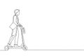 One continuous line drawing of young worker man ride electric scooter to go to the office. Green transportation. Future urban