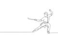 One continuous line drawing of young wushu master man, kung fu warrior in kimono with sword on training. Martial art sport contest