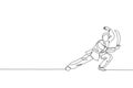 One continuous line drawing of young wushu master man, kung fu warrior in kimono with sword on training. Martial art sport contest